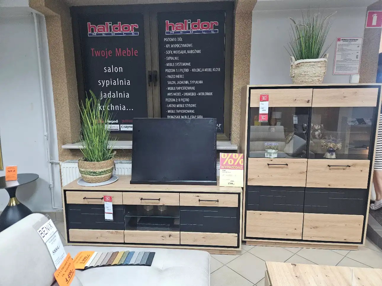 Komplet mebli PONT DĄB ARTISAN: szafka RTV +witryna BLACK RED WHITE
